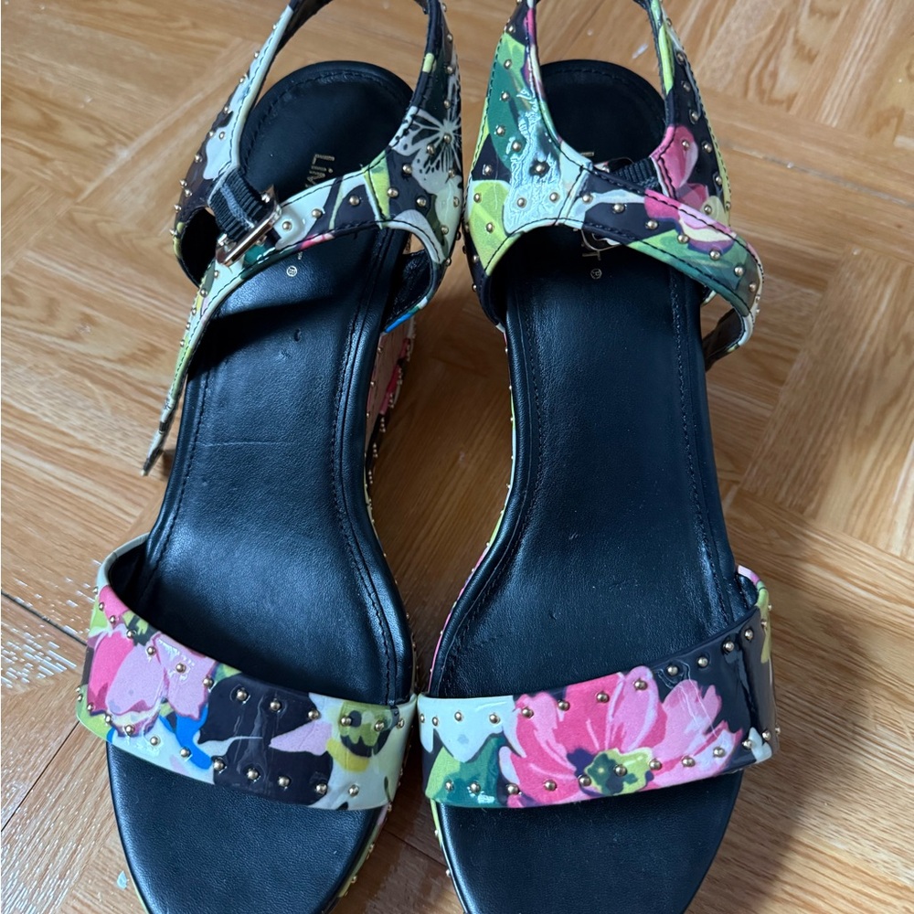 Limelight Black Floral Studded Slingback Sandals with Pink & Green Accents